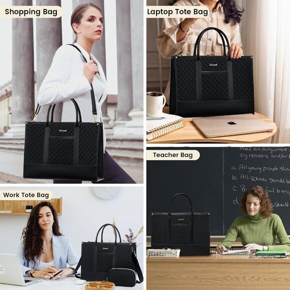 Laptop Bags for Women Work Tote Bag Computer Purse Shoulder Bag Black - Picture 7 of 9